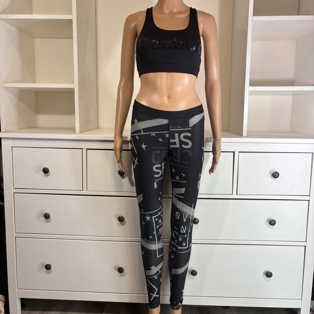 Reebok 3 piece bundle Womens Black Athletic Hoodie,‎ Leggings, Sports Bra Set